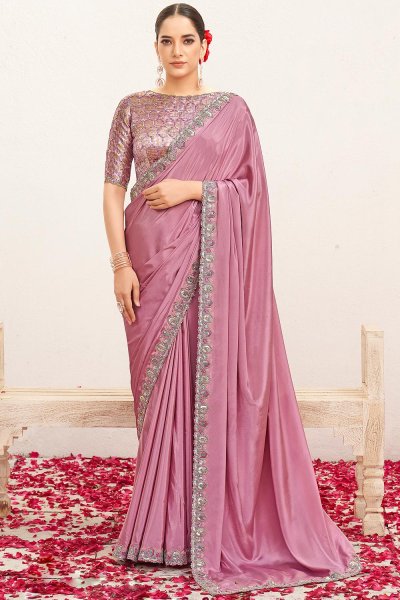 Rosewood Pink Crepe Silk Hand Embroidered Saree