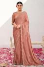 Peach Zari Woven Georgette Embroidered Saree