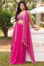 Fuchsia Pink Crepe Silk Indowestern Dhoti Skirt & Top Set With Cape
