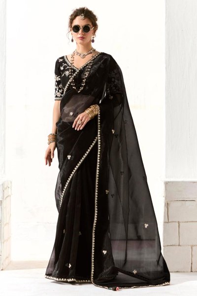 Black Organza Tissue Silk Embroidered Saree With Hand Work Blouse