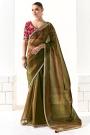 Olive Green Organza Tissue Silk Embroidered Saree With Hand Work Blouse