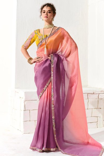Purple & Orange Organza Tissue Silk Embroidered Saree With Hand Work Blouse