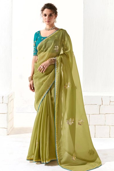 Kiwi Green Organza Tissue Silk Embroidered Saree With Hand Work Blouse