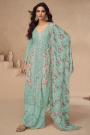 Mint Chinon Silk Embroidered & Chikan Worked Kurta Set