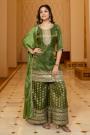 Stunning Green Zari Woven Silk Embroidered Sharara Kurta Set