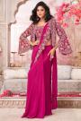 Pre Draped Magenta Pink Crepe Silk Embroidered Saree With Jacket