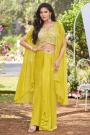 Yellow Green Georgette Embroidered Dhoti Skirt & Top Set With Cape