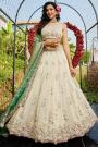 Ivory Tissue Silk Embroidered Lehenga Set With Green Dupatta