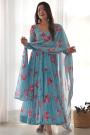 Soft Blue Floral Printed Georgette Anarkali Dress With Dupatta