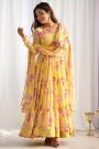 Yellow Floral Printed Georgette Anarkali Dress With Dupatta
