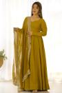 Mustard Chanderi Silk Embroidered Anarkali Dress With Georgette Dupatta