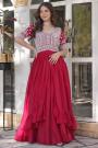 Red Pink Georgette Embroidered Indowestern Flared Top & Skirt Set