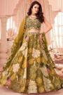 Olive Green Organza Silk Printed & Embroidered Lehenga Set