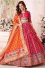 Pink, Red, & Orange Multicolored Banarasi Silk Embroidered Lehenga Set
