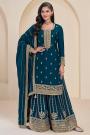 Navy Blue Chinon Silk Embroidered Sharara Set
