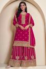 Magenta Pink Chinon Silk Embroidered Sharara Set