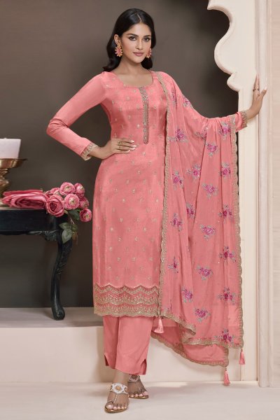 Peach Silk Hand Embroidered Kurta Set