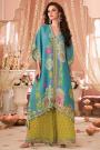 Turquoise Blue Chinon Silk Printed & pearls beaded & Embroidered Kaftan Palazzo Set