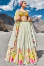 Ivory, Lemon Yellow, & Multicolor Printed & Embroidered Crepe Silk Skirt With Top & Shrug