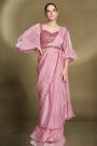 Pre-Draped Blush Pink Satin Silk Embroidered Saree With Belt