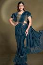 Pre-Draped Prussian Blue Crepe Satin Silk Embroidered Saree With Belt