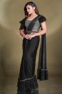 Pre-Draped Black Satin Silk Embroidered Saree With Belt