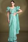 Pre-Draped Aqua Crepe Satin Silk Embroidered Saree With Belt