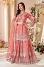Coral Peach Crushed Tissue Silk Embroidered Long Kurti Lehenga