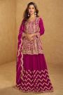 Magenta Chinon Silk Embroidered Long Kurti Lehenga