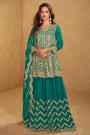 Teal Chinon Silk Embroidered Long Kurti Lehenga