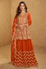 Orange Chinon Silk Embroidered Long Kurti Lehenga