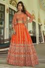 Orange Chinon Silk Embroidered Top & Lehenga Set With Short Jacket