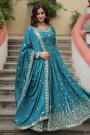 Blue Chinon Silk Embroidered Anarkali With Sharara & Dupatta