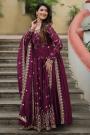 Wine Chinon Silk Embroidered Anarkali With Sharara & Dupatta
