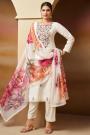 Ivory & Pink Cotton Linen Hand Embroidered Kurta Set With Printed Chiffon Dupatta