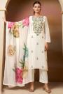 Ivory & Green Cotton Linen Hand Embroidered Kurta Set With Printed Chiffon Dupatta