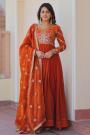 Orange Silk Embroidered Anarkali With Dupatta