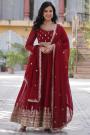 Deep Red Georgette Embroidered Anarkali Dress With Dupatta