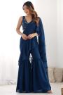 Navy Blue Georgette Embroidered Indowestern Sharara Saree With Top