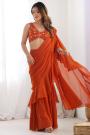 Rust Orange Georgette Embroidered Indowestern Sharara Saree With Top