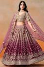 Maroon & Pink Ombre Effect Georgette Embroidered Lehenga Set With Net Dupatta