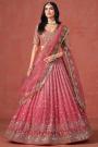 Coral Pink Ombre Effect Georgette Embroidered Lehenga Set With Net Dupatta