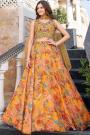 Marigold Orange & Multicolor Organza Silk Printed & Hand Embroidered Lehenga Set