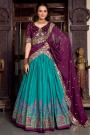 Teal & Plum Tussar Silk Printed & Embroidered Lehenga Set
