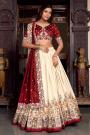 Ivory & Red Tussar Silk Printed & Embroidered Lehenga Set