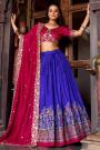 Royal Blue & Red Tussar Silk Printed & Embroidered Lehenga Set