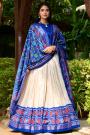 Ivory & Royal Blue Tussar Silk Patola Printed Lehenga Set
