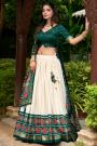 Ivory & Dark Green Tussar Silk Patola Printed Lehenga Set