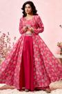 Dark Pink Crepe Silk Printed & Hand Embroidered Top, Palazzo, & Shrug Set