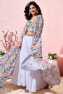 White & Multicolor Crepe Silk Printed & Hand Embroidered Top, Palazzo, & Shrug Set